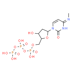 ChemSpider 2D Image | (4E)-1-[2-Deoxy-5-O-(hydroxy{[hydroxy(phosphonooxy)phosphoryl]oxy}phosphoryl)pentofuranosyl]-4-(methylimino)-3,4-dihydro-2(1H)-pyrimidinone | C10H18N3O13P3