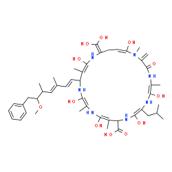 ChemSpider 2D Image | (5E,8E,15E,19E,24E)-22-(Dihydroxymethylene)-6,9,13,16,20,25-hexahydroxy-8-isobutyl-18-[(1E,3E)-6-methoxy-3,5-dimethyl-7-phenyl-1,3-heptadien-1-yl]-1,5,12,15,19-pentamethyl-2-methylene-3-oxo-1,4,7,10,1
4,17,21-heptaazacyclopentacosa-5,8,12,15,19,24-hexaene-11-carboxylic acid | C46H67N7O12