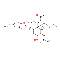 ChemSpider 2D Image | 8-Acetoxy-8a-(acetoxymethyl)-5-(5-ethoxyhexahydrofuro[2,3-b]furan-2-yl)-3-hydroxy-5,6-dimethyloctahydro-2H-spiro[naphthalene-1,2'-oxiran]-2-yl 2-methylpropanoate | C30H46O11