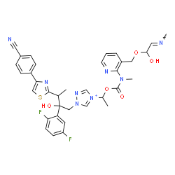 ChemSpider 2D Image | 1-{3-[4-(4-Cyanophenyl)-1,3-thiazol-2-yl]-2-(2,5-difluorophenyl)-2-hydroxybutyl}-4-[1-({[3-({[(2E)-1-hydroxy-2-(methylimino)ethyl]oxy}methyl)-2-pyridinyl](methyl)carbamoyl}oxy)ethyl]-1H-1,2,4-triazol-
4-ium | C35H35F2N8O5S