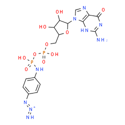 ChemSpider 2D Image | 2-Amino-9-(5-O-{hydroxy[(hydroxy{[4-(1,2-triazadien-2-ium-1-yl)phenyl]amino}phosphoryl)oxy]phosphoryl}pentofuranosyl)-3,9-dihydro-6H-purin-6-one | C16H20N9O10P2