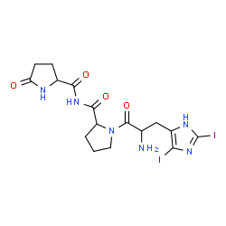 ChemSpider 2D Image | 2,5-Diiodohistidyl-N-[(5-oxo-2-pyrrolidinyl)carbonyl]prolinamide | C16H20I2N6O4
