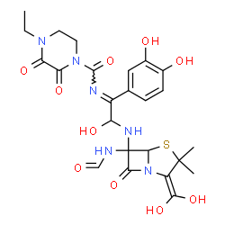 ChemSpider 2D Image | N-[(1E)-2-{[2-(Dihydroxymethylene)-6-formamido-3,3-dimethyl-7-oxo-4-thia-1-azabicyclo[3.2.0]hept-6-yl]amino}-1-(3,4-dihydroxyphenyl)-2-hydroxyethylidene]-4-ethyl-2,3-dioxo-1-piperazinecarboxamide | C24H28N6O10S