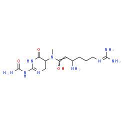 ChemSpider 2D Image | 1-{5-[{(1Z)-3-Amino-6-[(diaminomethylene)amino]-1-hydroxy-1-hexen-1-yl}(methyl)amino]-6-oxo-1,4,5,6-tetrahydro-2-pyrimidinyl}urea | C13H25N9O3