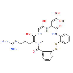 ChemSpider 2D Image | 2-{3-[(9E,12E)-7-(2,2-Dihydroxyvinyl)-9,12-dihydroxy-14-methyl-6,15-dioxo-6,7,8,11,14,15-hexahydro-5H-dibenzo[c,p][1,2,5,8,11,14]dithiatetraazacycloheptadecin-13-yl]propyl}guanidine | C26H31N7O6S2