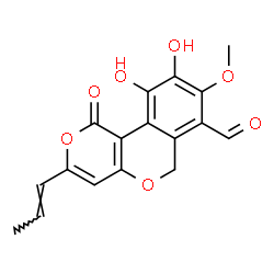 ChemSpider 2D Image | 9,10-Dihydroxy-8-methoxy-1-oxo-3-[(1E)-1-propen-1-yl]-1H,6H-pyrano[4,3-c]isochromene-7-carbaldehyde | C17H14O7