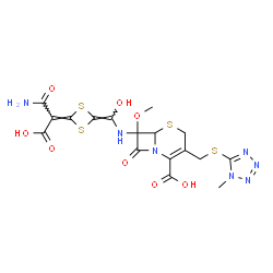 ChemSpider 2D Image | 7-{[(E)-[(4E)-4-(2-Amino-1-carboxy-2-oxoethylidene)-1,3-dithietan-2-ylidene](hydroxy)methyl]amino}-7-methoxy-3-{[(1-methyl-1H-tetrazol-5-yl)sulfanyl]methyl}-8-oxo-5-thia-1-azabicyclo[4.2.0]oct-2-ene-2
-carboxylic acid | C17H17N7O8S4