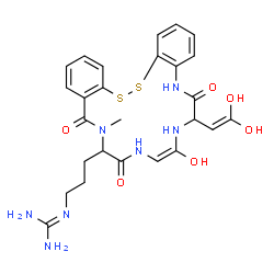 ChemSpider 2D Image | 2-{3-[(9E)-7-(2,2-Dihydroxyvinyl)-9-hydroxy-14-methyl-6,12,15-trioxo-6,7,8,11,12,13,14,15-octahydro-5H-dibenzo[c,p][1,2,5,8,11,14]dithiatetraazacycloheptadecin-13-yl]propyl}guanidine | C26H31N7O6S2