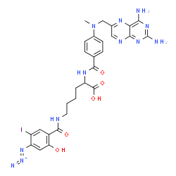 ChemSpider 2D Image | N~6~-(4-Azido-2-hydroxy-5-iodobenzoyl)-N~2~-(4-{[(2,4-diamino-6-pteridinyl)methyl](methyl)amino}benzoyl)lysine | C28H29IN12O5