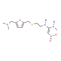 ChemSpider 2D Image | (E)-N-{2-[({5-[(Dimethylamino)methyl]-2-furyl}methyl)sulfanyl]ethyl}-N'-methyl-2-nitro-1,1-ethene(~2~H_2_)diamine | C13H20D2N4O3S