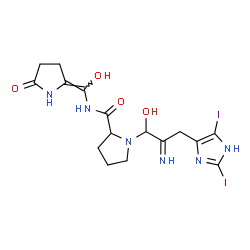 ChemSpider 2D Image | 1-[3-(2,5-Diiodo-1H-imidazol-4-yl)-1-hydroxy-2-iminopropyl]-N-[(E)-hydroxy(5-oxo-2-pyrrolidinylidene)methyl]prolinamide | C16H20I2N6O4