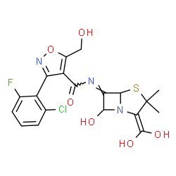 ChemSpider 2D Image | 3-(2-Chloro-6-fluorophenyl)-N-[(6E)-2-(dihydroxymethylene)-7-hydroxy-3,3-dimethyl-4-thia-1-azabicyclo[3.2.0]hept-6-ylidene]-5-(hydroxymethyl)-1,2-oxazole-4-carboxamide | C19H17ClFN3O6S