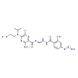 ChemSpider 2D Image | 1-{4-[(2-{(E)-[({3-Amino-5-[(2-aminoethyl)(isopropyl)amino]-6-chloro-2-pyrazinyl}carbonyl)imino]methyl}hydrazino)carbonyl]-3-hydroxyphenyl}-1,2-triazadien-2-ium | C18H23ClN11O3