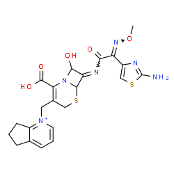 ChemSpider 2D Image | 1-{[(7E)-7-{[(2E)-2-(2-Amino-1,3-thiazol-4-yl)-2-(methoxyimino)acetyl]imino}-2-carboxy-8-hydroxy-5-thia-1-azabicyclo[4.2.0]oct-2-en-3-yl]methyl}-6,7-dihydro-5H-cyclopenta[b]pyridinium | C22H23N6O5S2