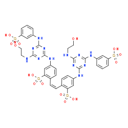 ChemSpider 2D Image | 2,2'-[(Z)-1,2-Ethenediyl]bis[5-({4-[(2-hydroxyethyl)amino]-6-[(3-sulfophenyl)amino]-1,3,5-triazin-2-yl}amino)benzenesulfonic acid] | C36H36N12O14S4