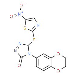 ChemSpider 2D Image | 4-(2,3-Dihydro-1,4-benzodioxin-6-yl)-5-[(5-nitro-1,3-thiazol-2-yl)sulfanyl]-4,5-dihydro-3H-1,2,4-triazol-3-one | C13H9N5O5S2