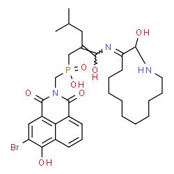 ChemSpider 2D Image | [(5-Bromo-6-hydroxy-1,3-dioxo-1H-benzo[de]isoquinolin-2(3H)-yl)methyl][(2Z)-2-{hydroxy[(E)-(2-hydroxyazacyclotridecan-3-ylidene)amino]methylene}-4-methylpentyl]phosphinic acid | C32H43BrN3O7P