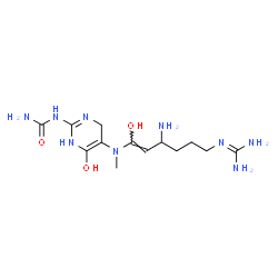 ChemSpider 2D Image | 1-{5-[{(1Z)-3-Amino-6-[(diaminomethylene)amino]-1-hydroxy-1-hexen-1-yl}(methyl)amino]-6-hydroxy-1,4-dihydro-2-pyrimidinyl}urea | C13H25N9O3