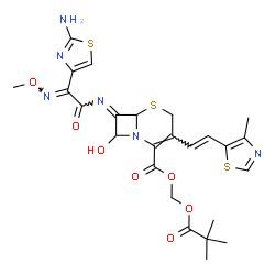 ChemSpider 2D Image | [(2,2-Dimethylpropanoyl)oxy]methyl (7E)-7-{[(2E)-2-(2-amino-1,3-thiazol-4-yl)-2-(methoxyimino)acetyl]imino}-8-hydroxy-3-[(E)-2-(4-methyl-1,3-thiazol-5-yl)vinyl]-5-thia-1-azabicyclo[4.2.0]oct-2-ene-2-c
arboxylate | C25H28N6O7S3