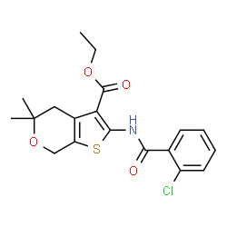 ChemSpider 2D Image | Ethyl 2-[(2-chlorobenzoyl)amino]-5,5-dimethyl-4,7-dihydro-5H-thieno[2,3-c]pyran-3-carboxylate | C19H20ClNO4S