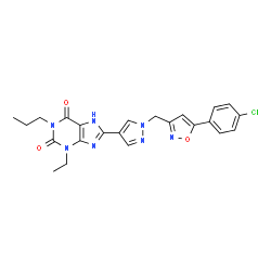 ChemSpider 2D Image | 8-(1-{[5-(4-Chlorophenyl)-1,2-oxazol-3-yl]methyl}-1H-pyrazol-4-yl)-3-ethyl-1-propyl-3,7-dihydro-1H-purine-2,6-dione | C23H22ClN7O3