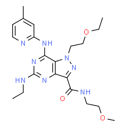 ChemSpider 2D Image | 1-(2-Ethoxyethyl)-5-(ethylamino)-N-(2-methoxyethyl)-7-[(4-methyl-2-pyridinyl)amino]-1H-pyrazolo[4,3-d]pyrimidine-3-carboxamide | C21H30N8O3