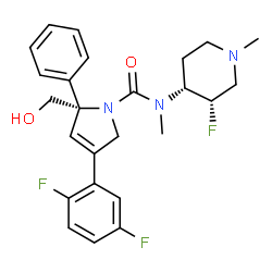 ChemSpider 2D Image | (2S)-4-(2,5-Difluorophenyl)-N-[(3S,4R)-3-fluoro-1-methyl-4-piperidinyl]-2-(hydroxymethyl)-N-methyl-2-phenyl-2,5-dihydro-1H-pyrrole-1-carboxamide | C25H28F3N3O2