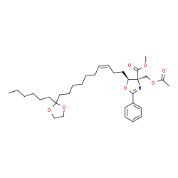 ChemSpider 2D Image | Methyl (4S,5S)-4-(acetoxymethyl)-5-[(3Z)-10-(2-hexyl-1,3-dioxolan-2-yl)-3-decen-1-yl]-2-phenyl-4,5-dihydro-1,3-oxazole-4-carboxylate | C33H49NO7