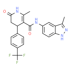 ChemSpider 2D Image | 2-Methyl-N-(3-methyl-1H-indazol-5-yl)-6-oxo-4-[4-(trifluoromethyl)phenyl]-1,4,5,6-tetrahydro-3-pyridinecarboxamide | C22H19F3N4O2
