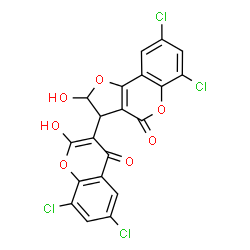 ChemSpider 2D Image | 6,8-Dichloro-3-(6,8-dichloro-2-hydroxy-4-oxo-4H-chromen-3-yl)-2-hydroxy-2,3-dihydro-4H-furo[3,2-c]chromen-4-one | C20H8Cl4O7