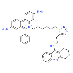 ChemSpider 2D Image | 3,8-Diamino-6-phenyl-5-(6-{5-[2-(1,2,3,4-tetrahydro-9-acridinylamino)ethyl]-1H-1,2,3-triazol-1-yl}hexyl)phenanthridinium | C42H45N8