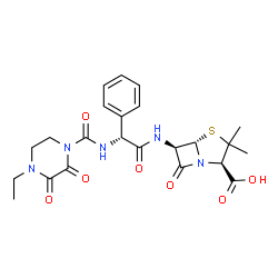 ChemSpider 2D Image | (2R,5S,6R)-6-{[(2R)-2-{[(4-Ethyl-2,3-dioxo-1-piperazinyl)carbonyl]amino}-2-phenylacetyl]amino}-3,3-dimethyl-7-oxo-4-thia-1-azabicyclo[3.2.0]heptane-2-carboxylic acid | C23H27N5O7S