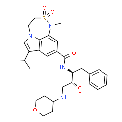 ChemSpider 2D Image | N-[(2S,3R)-3-Hydroxy-1-phenyl-4-(tetrahydro-2H-pyran-4-ylamino)-2-butanyl]-7-isopropyl-1-methyl-3,4-dihydro-1H-[1,2,5]thiadiazepino[3,4,5-hi]indole-9-carboxamide 2,2-dioxide | C30H40N4O5S
