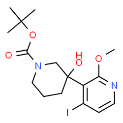ChemSpider 2D Image | 2-Methyl-2-propanyl 3-hydroxy-3-(4-iodo-2-methoxy-3-pyridinyl)-1-piperidinecarboxylate | C16H23IN2O4