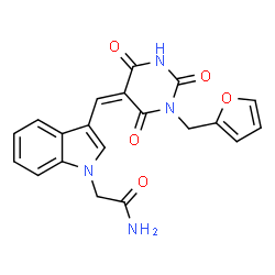 ChemSpider 2D Image | 2-(3-{(Z)-[1-(2-Furylmethyl)-2,4,6-trioxotetrahydro-5(2H)-pyrimidinylidene]methyl}-1H-indol-1-yl)acetamide | C20H16N4O5