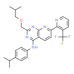 ChemSpider 2D Image | 2-(Isobutoxymethyl)-N-(4-isopropylphenyl)-7-[3-(trifluoromethyl)-2-pyridinyl]pyrido[2,3-d]pyrimidin-4-amine | C27H28F3N5O