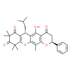 ChemSpider 2D Image | (2S,6R)-5-Hydroxy-6-isobutyl-8,8,10,10,12-pentamethyl-2-phenyl-2H,6H-pyrano[3,2-b]xanthene-4,7,9(3H,8H,10H)-trione | C31H34O6