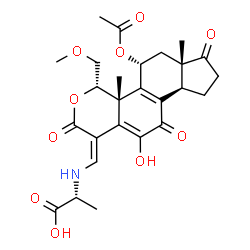 ChemSpider 2D Image | N-{(Z)-[(4S,4aR,5R,6aS,9aR)-5-Acetoxy-11-hydroxy-4-(methoxymethyl)-4a,6a-dimethyl-2,7,10-trioxo-4,4a,5,6,6a,7,8,9,9a,10-decahydroindeno[4,5-h]isochromen-1(2H)-ylidene]methyl}-D-alanine | C26H31NO10