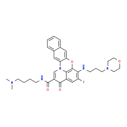 ChemSpider 2D Image | N-[4-(Dimethylamino)butyl]-5-fluoro-6-{[3-(4-morpholinyl)propyl]amino}-3-oxo-3H-benzo[b]pyrido[3,2,1-kl]phenoxazine-2-carboxamide | C33H38FN5O4