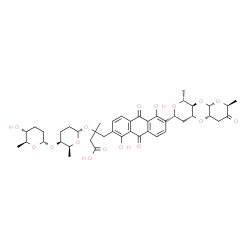 ChemSpider 2D Image | 4-{6-[(2S,4aS,5aR,7R,9R,9aR,10aR)-2,9-Dimethyl-3-oxooctahydro-2H,5aH-dipyrano[2,3-b:4',3'-e][1,4]dioxin-7-yl]-1,5-dihydroxy-9,10-dioxo-9,10-dihydro-2-anthracenyl}-3-{[(2S,5S,6S)-5-{[(2S,5R,6S)-5-hydro
xy-6-methyltetrahydro-2H-pyran-2-yl]oxy}-6-methyltetrahydro-2H-pyran-2-yl]oxy}-3-methylbutanoic acid | C43H52O16