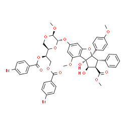 ChemSpider 2D Image | Methyl (1R,2R,3S,3aR,8bS)-6-{[(2S,3R,6R)-6-{(1R)-1,2-bis[(4-bromobenzoyl)oxy]ethyl}-3-methoxy-1,4-dioxan-2-yl]oxy}-1,8b-dihydroxy-8-methoxy-3a-(4-methoxyphenyl)-3-phenyl-2,3,3a,8b-tetrahydro-1H-benzo[
b]cyclopenta[d]furan-2-carboxylate | C48H44Br2O15