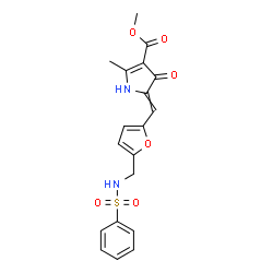 ChemSpider 2D Image | Methyl 2-methyl-4-oxo-5-[(5-{[(phenylsulfonyl)amino]methyl}-2-furyl)methylene]-4,5-dihydro-1H-pyrrole-3-carboxylate | C19H18N2O6S