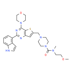 ChemSpider 2D Image | 4-{[2-(1H-Indol-4-yl)-4-(4-morpholinyl)thieno[3,2-d]pyrimidin-6-yl]methyl}-N-(2-methoxyethyl)-N-methyl-1-piperazinecarboxamide | C28H35N7O3S