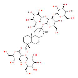 ChemSpider 2D Image | 2-O-beta-D-Glucopyranosyl-1-O-[(5xi,8alpha,9xi,10alpha,13alpha)-13-{[beta-D-glucopyranosyl-(1->2)-[beta-D-glucopyranosyl-(1->3)]-beta-D-glucopyranosyl]oxy}-18-oxokaur-16-en-18-yl]-beta-D-glucopyranose | C50H80O28