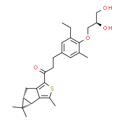 ChemSpider 2D Image | 3-{4-[(2R)-2,3-Dihydroxypropoxy]-3-ethyl-5-methylphenyl}-1-[(3bS,4aR)-3,4,4-trimethyl-3b,4,4a,5-tetrahydrocyclopropa[3,4]cyclopenta[1,2-c]thiophen-1-yl]-1-propanone | C26H34O4S