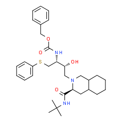 ChemSpider 2D Image | Benzyl [(2R,3R)-3-hydroxy-4-[(3S)-3-[(2-methyl-2-propanyl)carbamoyl]octahydro-2(1H)-isoquinolinyl]-1-(phenylsulfanyl)-2-butanyl]carbamate | C32H45N3O4S