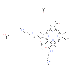 ChemSpider 2D Image | 3-({[(7R,8R,17S,18S)-12-Acetyl-7-ethyl-20-(2-methoxy-2-oxoethyl)-3,8,13,17-tetramethyl-18-(3-oxo-3-{[3-(trimethylammonio)propyl]amino}propyl)-7,8,17,18-tetrahydro-2-porphyrinyl]carbonyl}amino)-N,N,N-t
rimethyl-1-propanaminium diacetate | C51H76N8O9