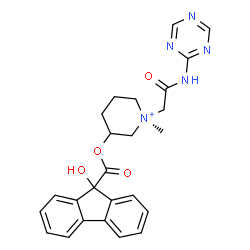ChemSpider 2D Image | (1R)-3-{[(9-Hydroxy-9H-fluoren-9-yl)carbonyl]oxy}-1-methyl-1-[2-oxo-2-(1,3,5-triazin-2-ylamino)ethyl]piperidinium | C25H26N5O4