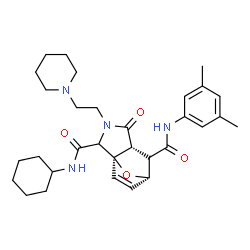 ChemSpider 2D Image | (1R,5R,6R,7S)-N~2~-Cyclohexyl-N~6~-(3,5-dimethylphenyl)-4-oxo-3-[2-(1-piperidinyl)ethyl]-10-oxa-3-azatricyclo[5.2.1.0~1,5~]dec-8-ene-2,6-dicarboxamide | C31H42N4O4