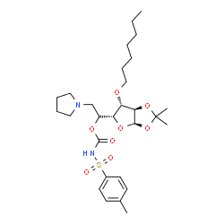 ChemSpider 2D Image | 6-Deoxy-3-O-heptyl-1,2-O-isopropylidene-5-O-{[(4-methylphenyl)sulfonyl]carbamoyl}-6-(1-pyrrolidinyl)-beta-L-idofuranose | C28H44N2O8S